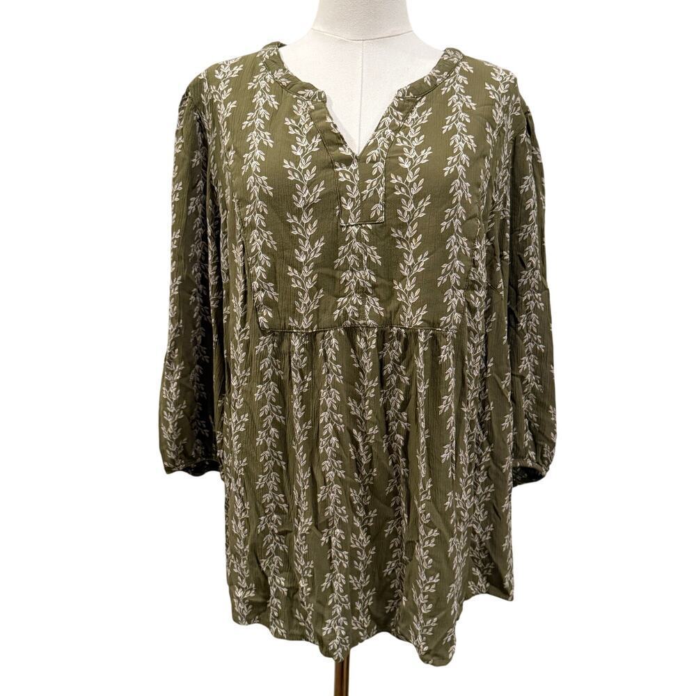 Croft & Barrow 2X Olive Green Botanical Boho Peasant Tunic Top Cottagecore Flowy